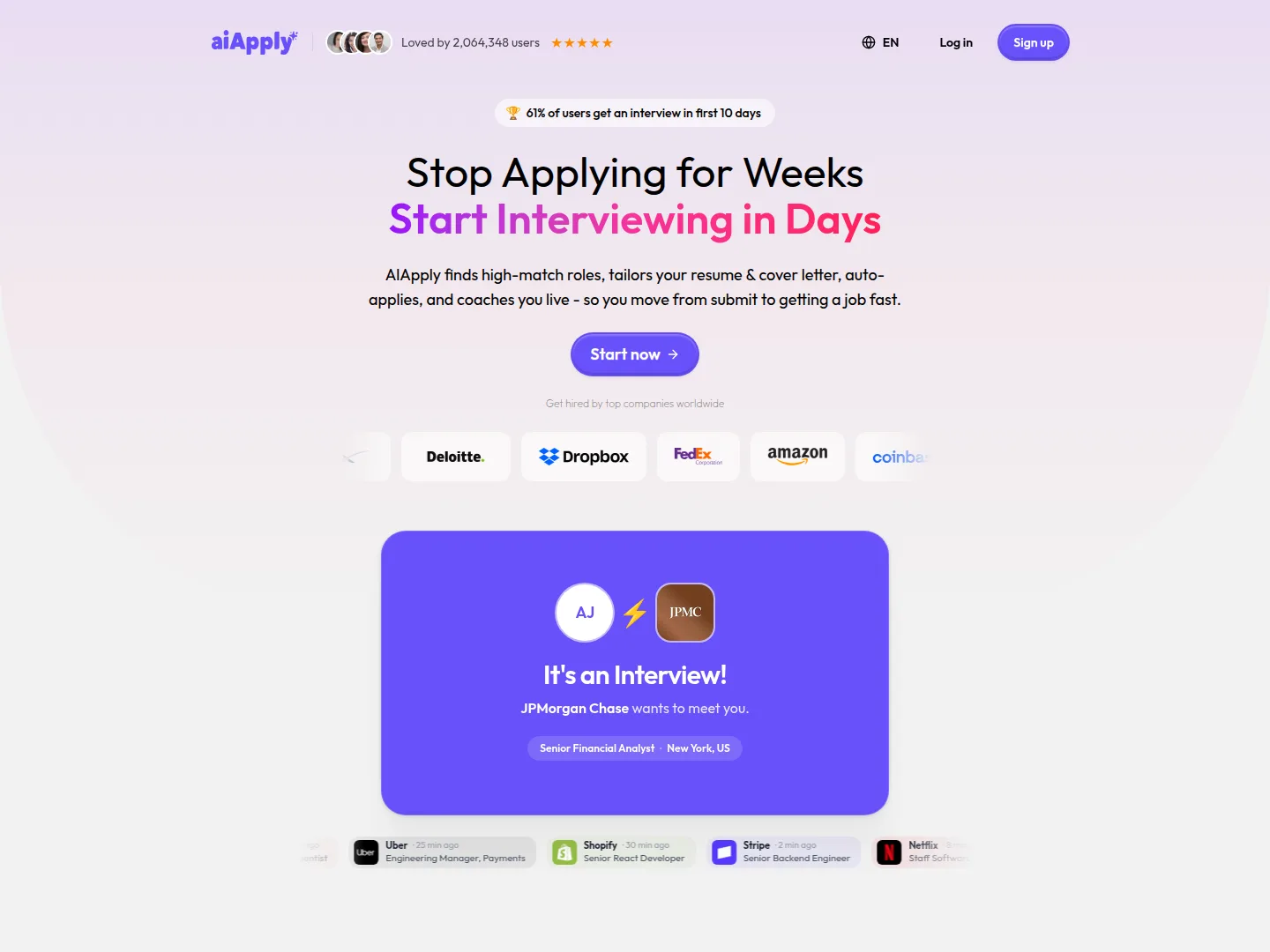 AIApply homepage headline Stop Applying for Weeks, Start Interviewing in Days, with a Loved by 2,064,348 users banner and a 61% of users get an interview in first 10 days badge