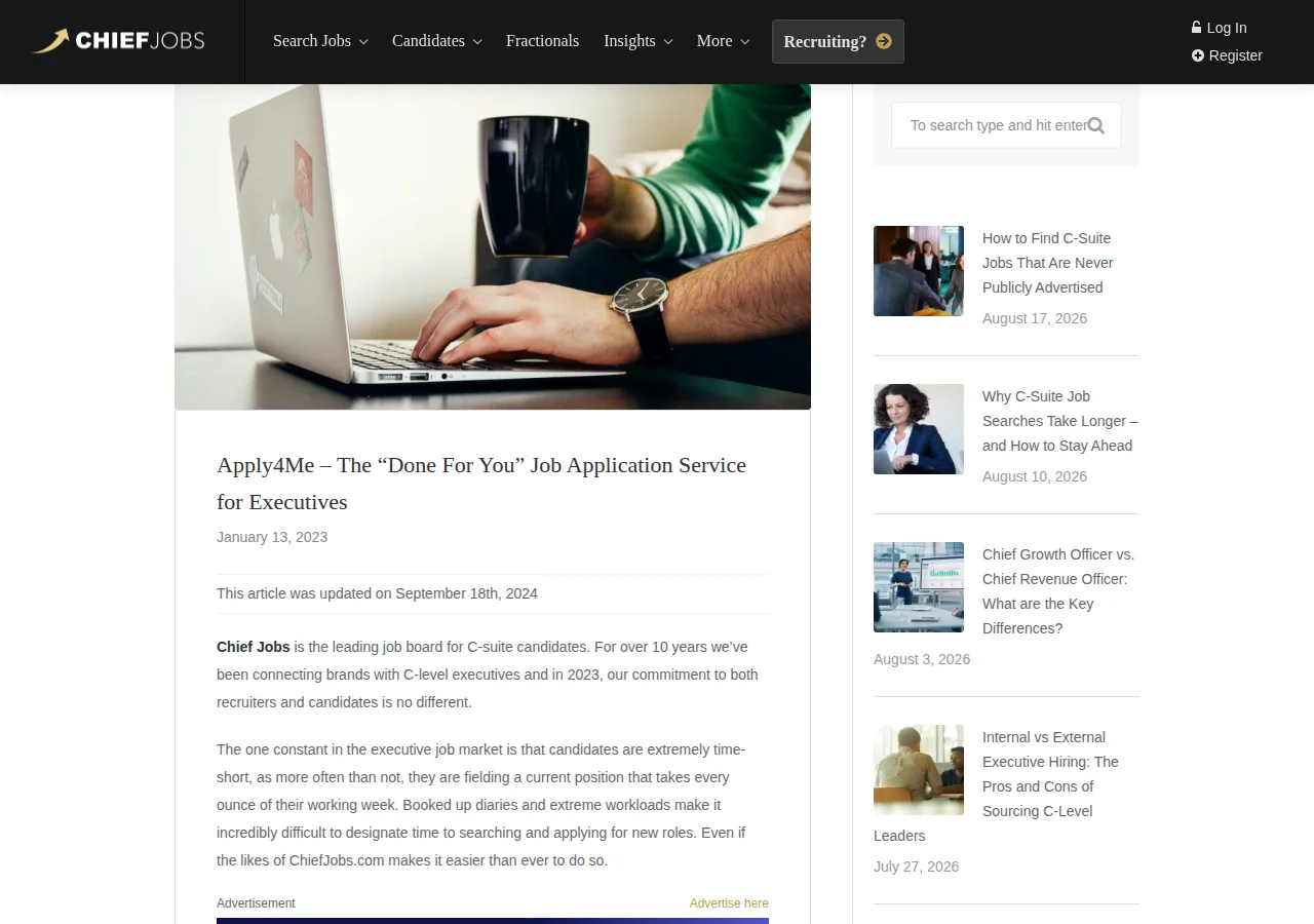 ChiefJobs.com article page titled Apply4Me - The Done For You Job Application Service for Executives, on the C-suite job board's site with its navigation and sidebar of executive-hiring articles