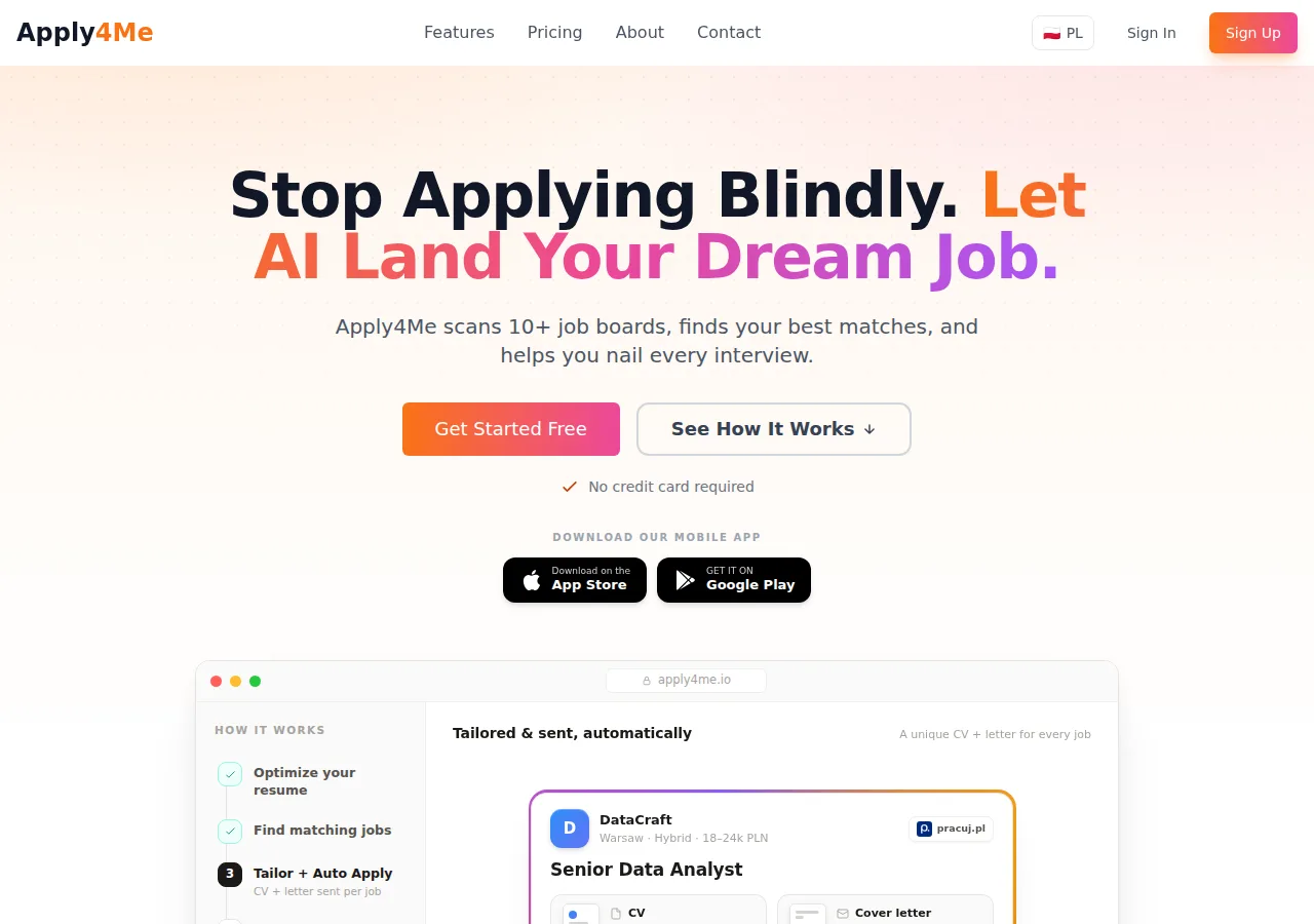 Apply4Me.io homepage headline Stop Applying Blindly, Let AI Land Your Dream Job, describing an AI tool that scans 10+ job boards, with App Store and Google Play download buttons