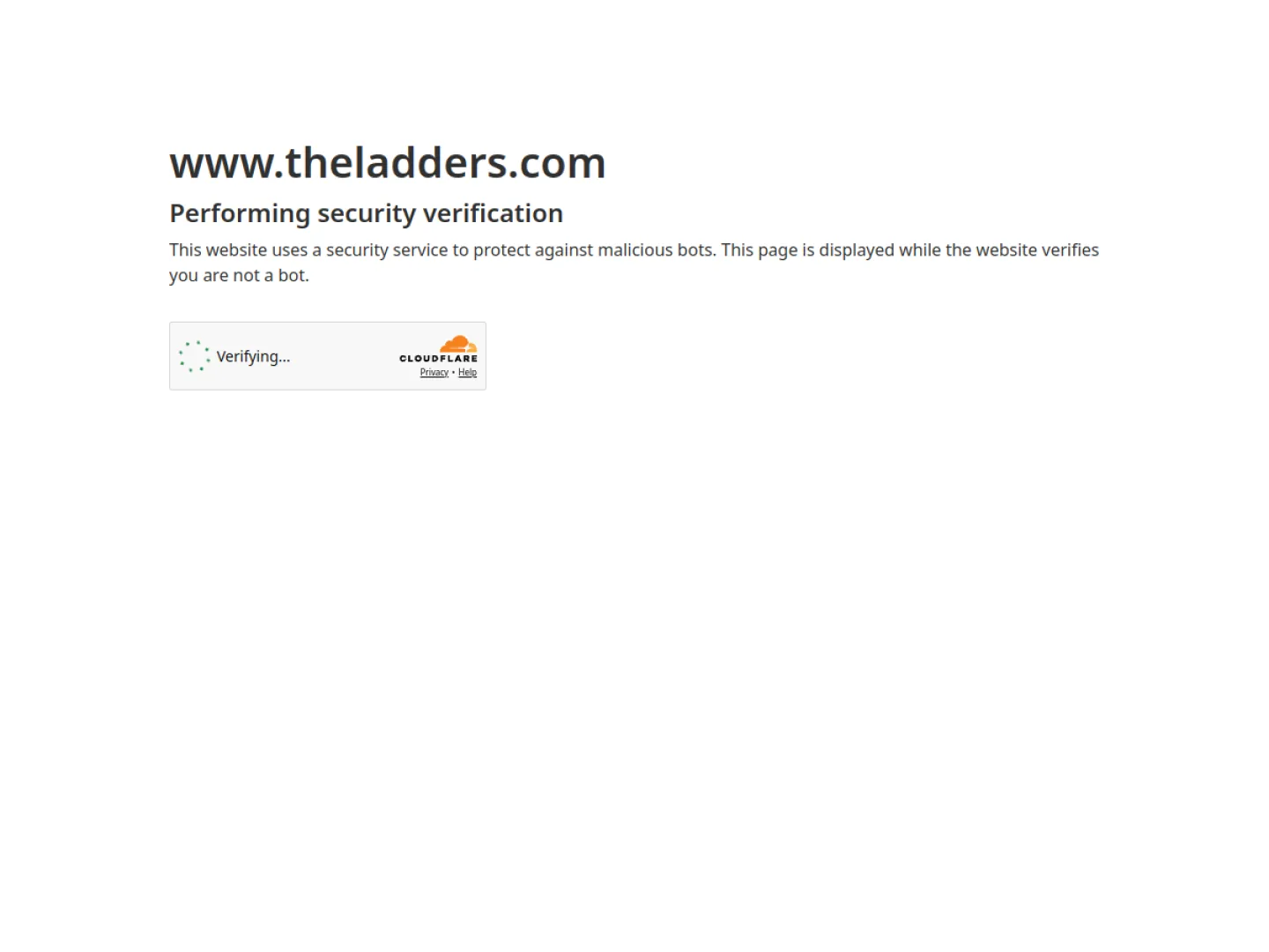 The Ladders website answering a page request with a Cloudflare security verification screen and a Verifying spinner rather than the Apply4Me marketing page