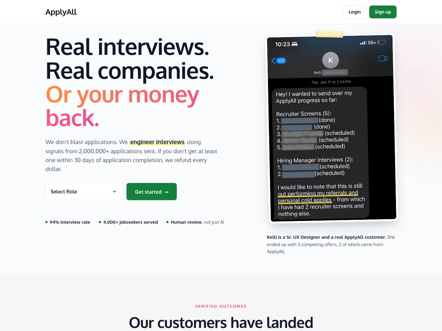 ApplyAll homepage headline Real interviews. Real companies. Or your money back, with a customer text-message screenshot listing recruiter screens and hiring manager interviews
