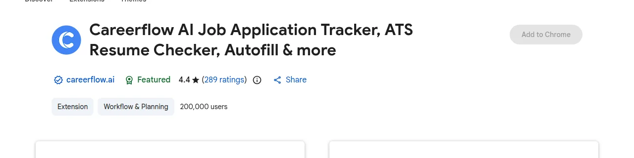 Chrome Web Store header for the Careerflow AI extension showing a 4.4 rating from 289 ratings and 200,000 users