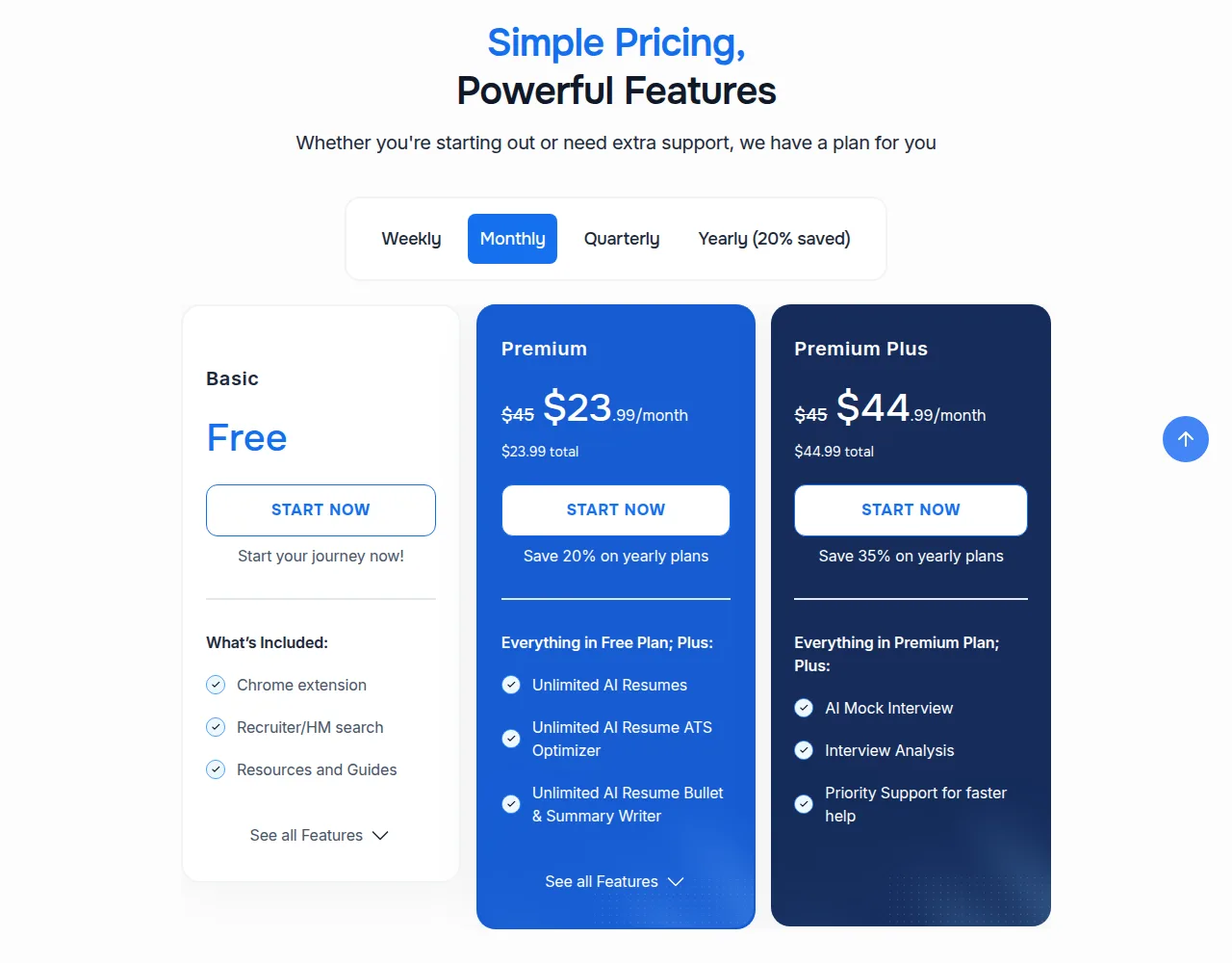 Careerflow homepage pricing section on the Monthly tab showing Basic Free, Premium $23.99 total and Premium Plus $44.99 total per month