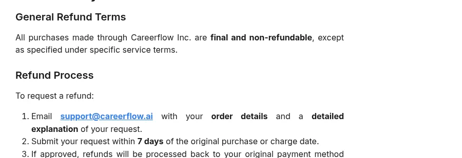 Careerflow help-center refund policy stating all purchases are final and non-refundable and refund requests must be made within 7 days