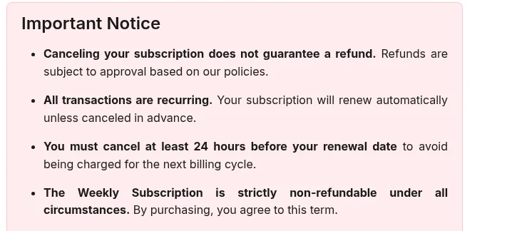 Careerflow 'Important Notice' box stating the Weekly Subscription is strictly non-refundable under all circumstances and cancellation does not guarantee a refund