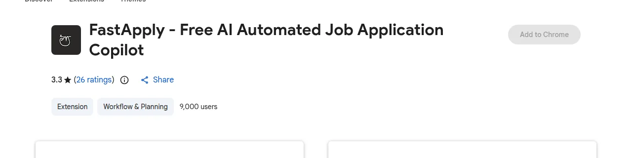 Chrome Web Store header for FastApply showing a 3.3-star rating from 26 ratings and 9,000 users