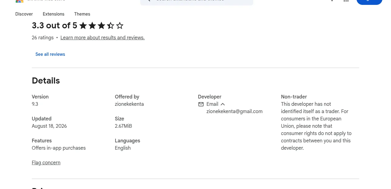 Chrome Web Store Details section for FastApply listing 'Offered by zionekekenta' and a Non-trader notice that the developer has not identified itself as a trader