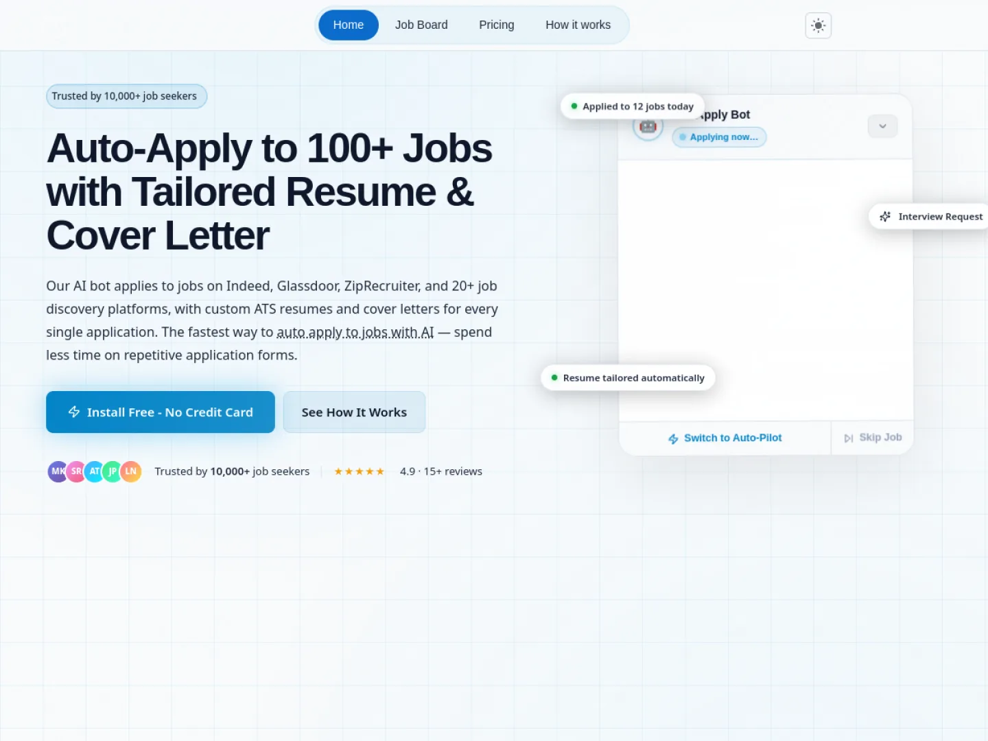 FastApply homepage headline reading 'Auto-Apply to 100+ Jobs with Tailored Resume & Cover Letter' beside a mock apply-bot panel, with a '4.9 · 15+ reviews' star rating below the buttons