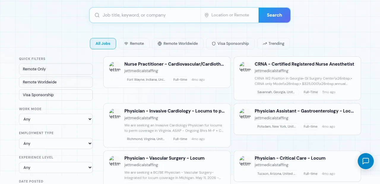 FastApply job board results where every visible posting is stamped 4mo or 5mo ago and one card renders literal &nbsp; escape codes inside a salary line