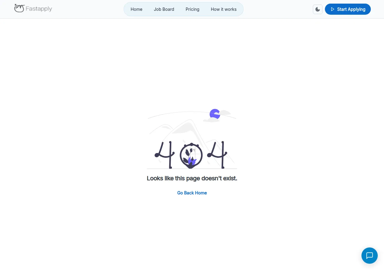 FastApply's own 404 page reading 'Looks like this page doesn't exist' where the refund policy URL should resolve