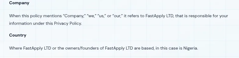 Definitions in FastApply's terms naming the company as FastApply LTD and stating the country where its owners are based is Nigeria