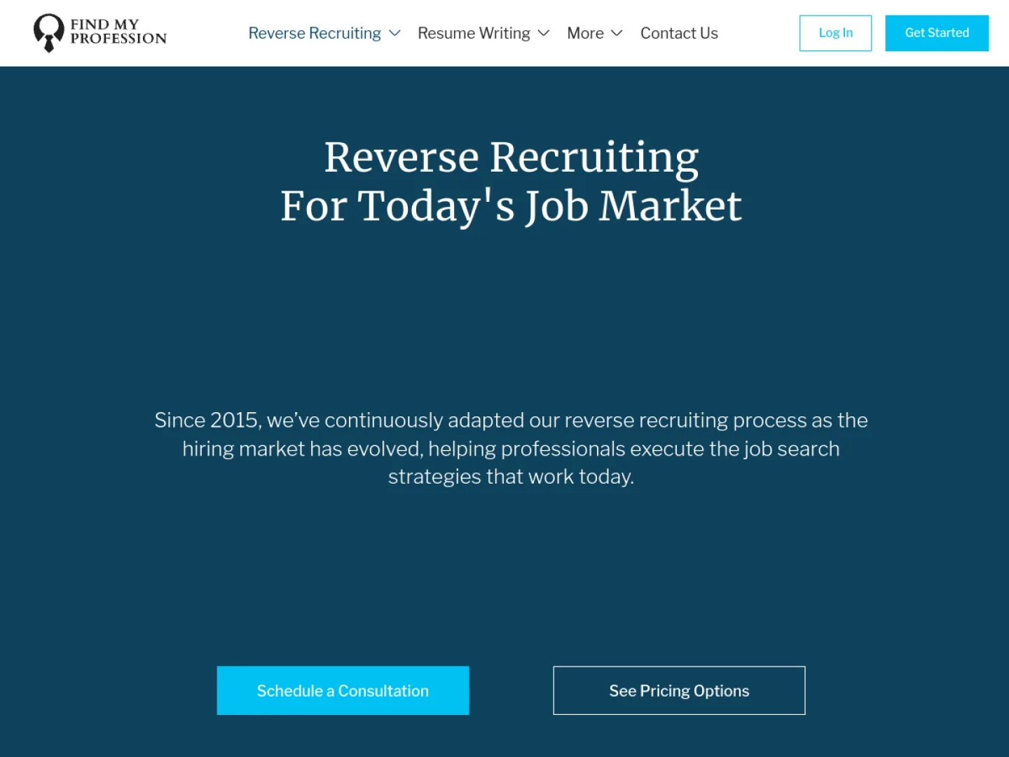 Find My Profession homepage headline reading 'Reverse Recruiting For Today's Job Market' with consultation and pricing calls to action