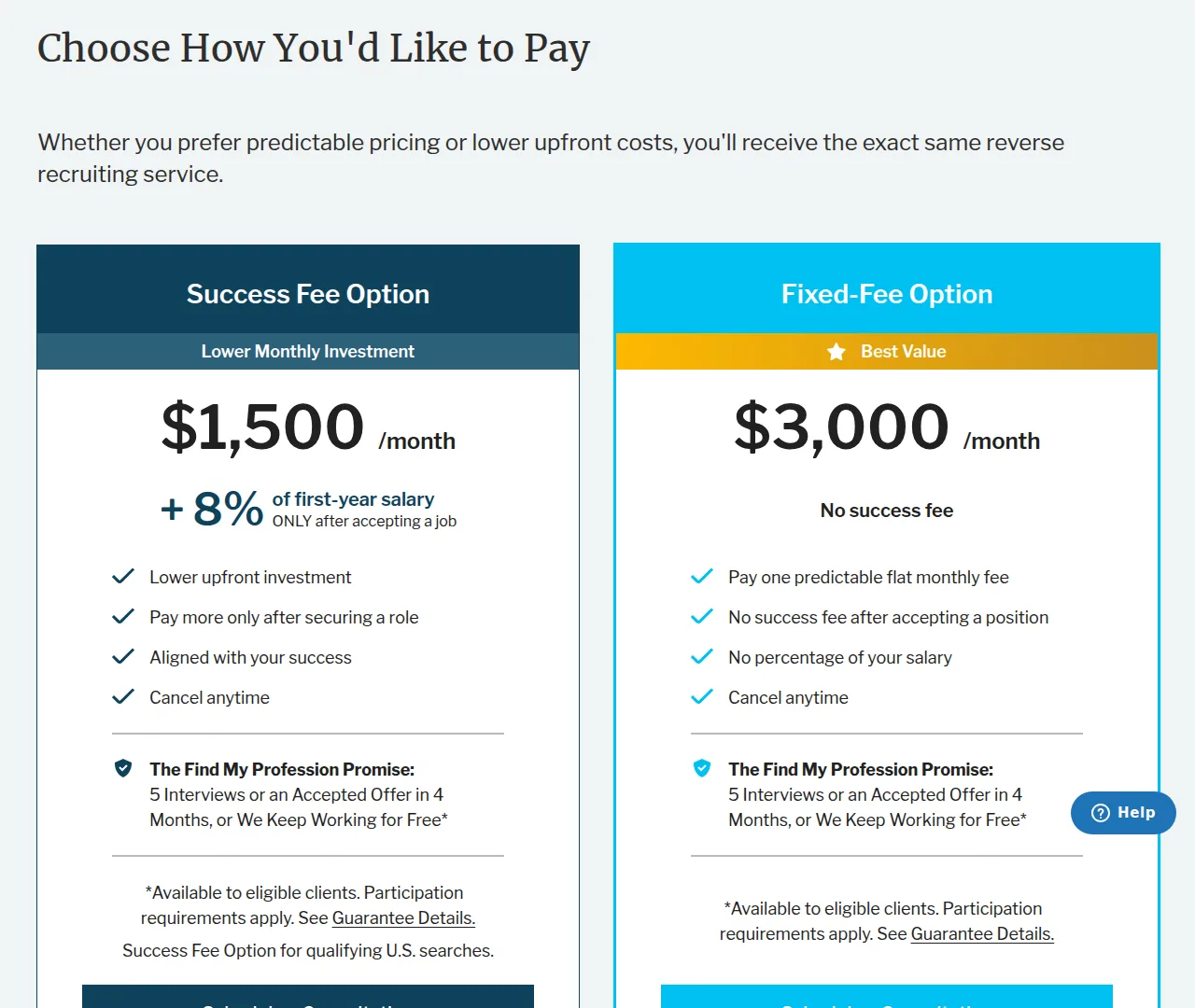 Find My Profession payment options showing a Success Fee plan at $1,500 per month plus 8% of first-year salary beside a Fixed-Fee plan at $3,000 per month