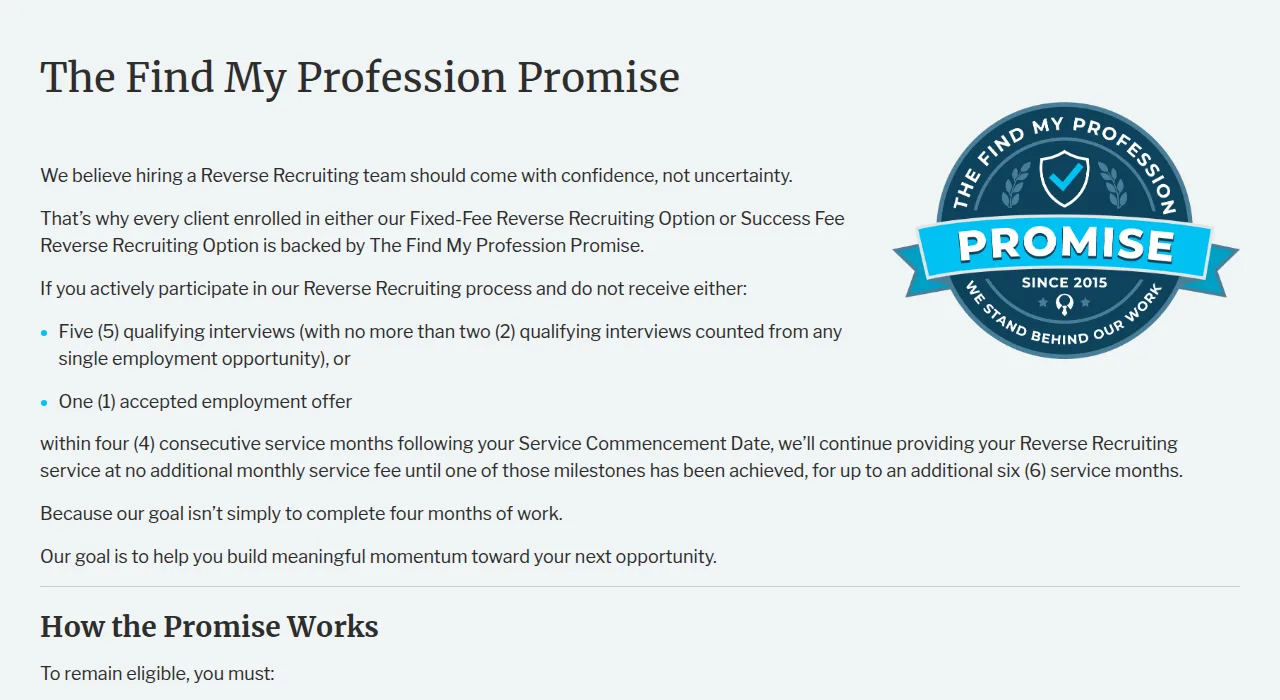 The Find My Profession Promise page stating that without five qualifying interviews or an accepted offer in four months the service continues at no additional monthly service fee
