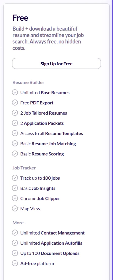 Huntr's Free plan column listing Unlimited Application Autofills among its included features, alongside unlimited base resumes and tracking up to 100 jobs