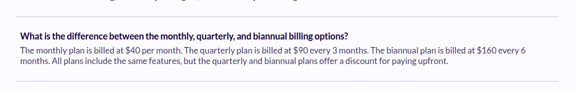 Huntr pricing FAQ answer stating the monthly plan is $40 per month, quarterly $90 every 3 months, and biannual $160 every 6 months