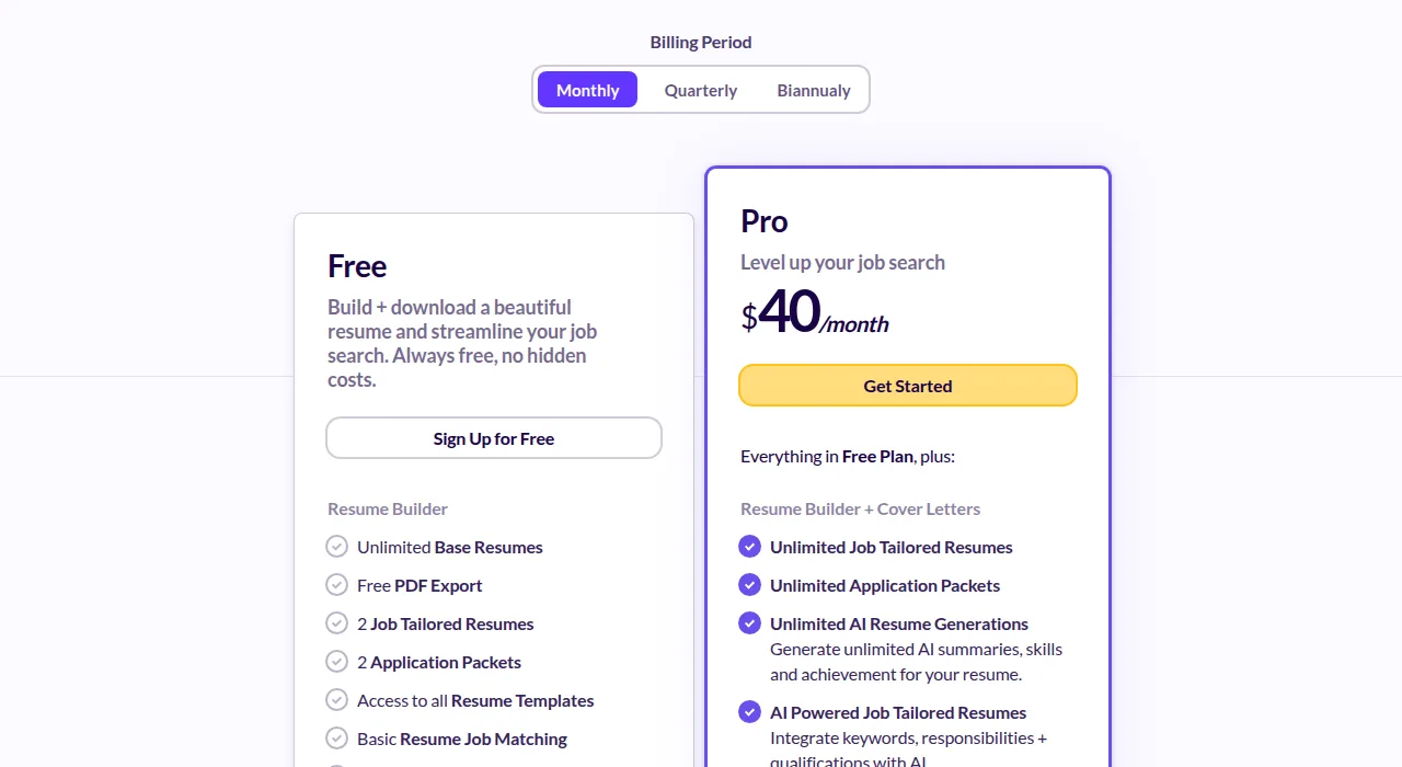 Huntr pricing page on the Monthly billing toggle showing the Free plan beside Pro at $40 per month