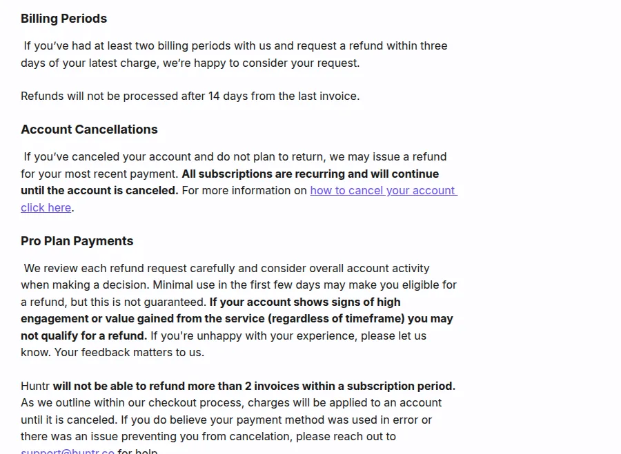 Huntr help-center refund policy with the two-billing-periods rule, three-day request window, high-engagement disqualifier, and two-invoice refund cap all visible
