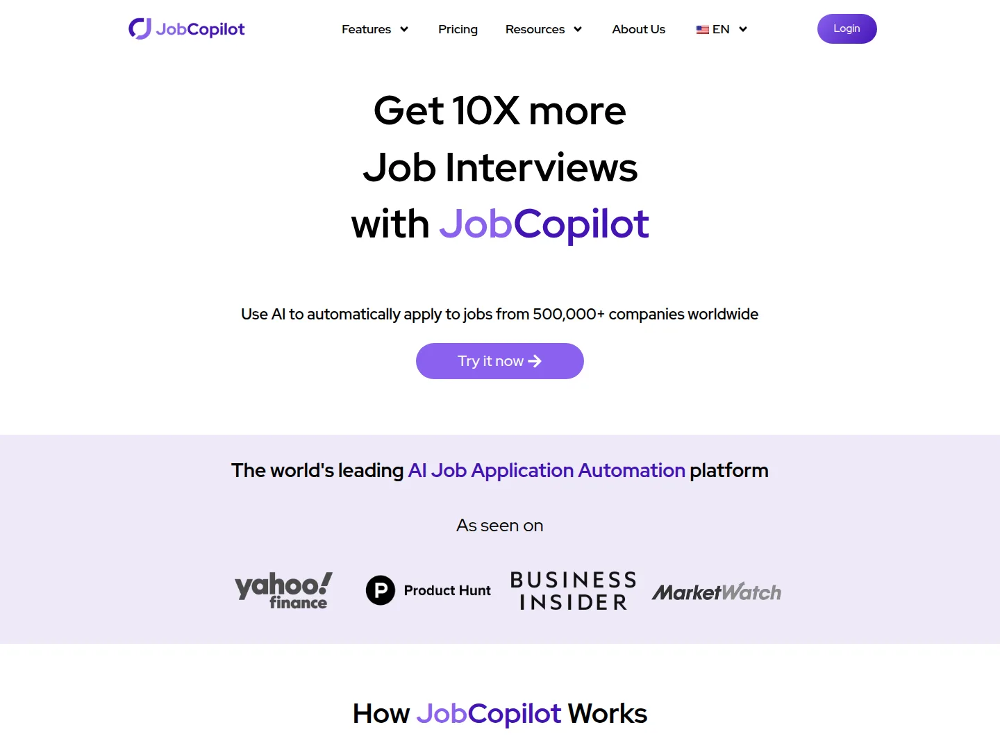 JobCopilot homepage headline Get 10X more Job Interviews with JobCopilot, claiming AI auto-apply to jobs from 500,000+ companies, with As seen on logos for Yahoo Finance, Product Hunt, Business Insider, and MarketWatch