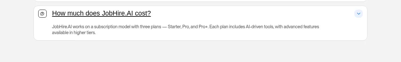 Expanded JobHire.AI FAQ item answering 'How much does JobHire.AI cost?' by naming three plans without stating any price