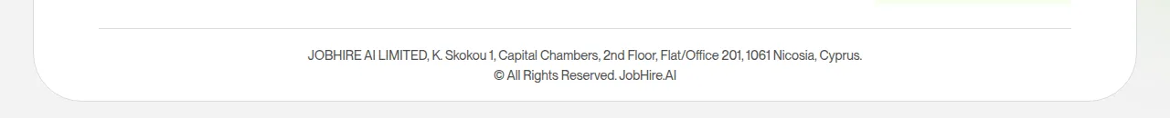jobhire.ai footer naming JOBHIRE AI LIMITED at K. Skokou 1, Capital Chambers, Flat/Office 201, 1061 Nicosia, Cyprus