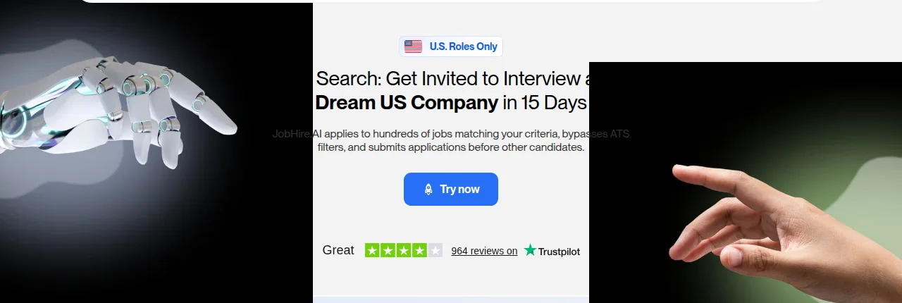JobHire.AI hero promising to get users invited to interview at a dream US company in 15 days, with a sub-headline saying it bypasses ATS filters