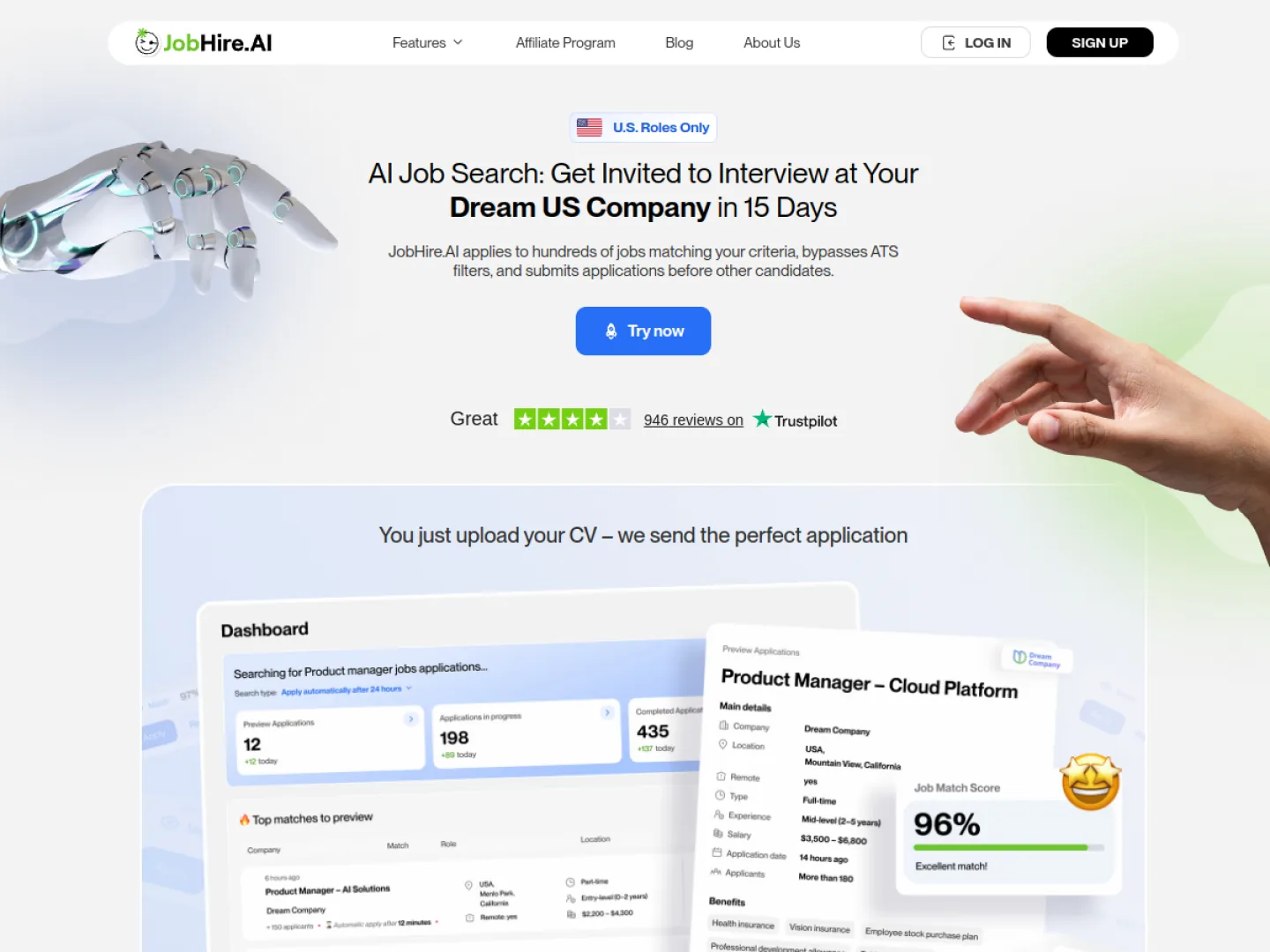 JobHire.AI homepage headline reading 'AI Job Search: Get Invited to Interview at Your Dream US Company in 15 Days' above a Trustpilot widget showing 946 reviews