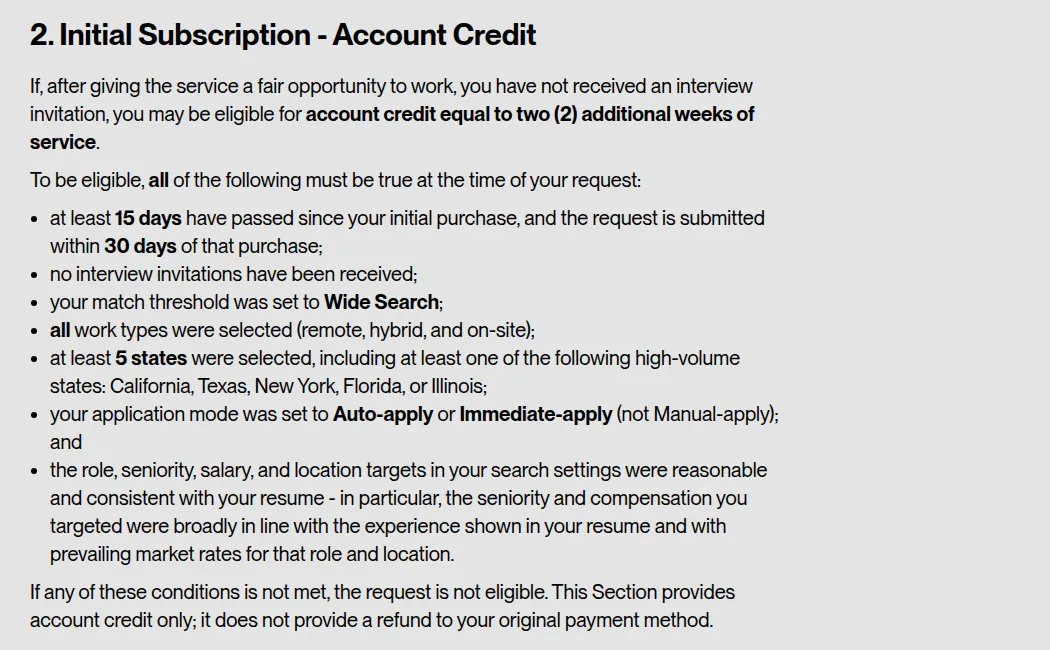 JobHire.AI refund policy section 2 listing seven cumulative eligibility conditions for account credit, ending 'it does not provide a refund to your original payment method'