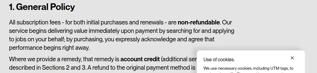 JobHire.AI general refund policy paragraph stating all subscription fees, for initial purchases and renewals, are non-refundable because performance begins right away