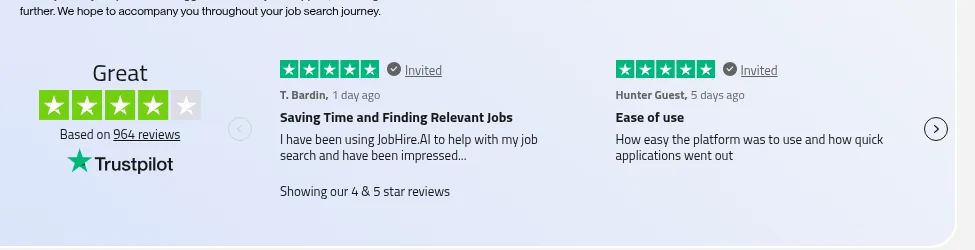 Trustpilot carousel widget embedded on jobhire.ai showing 'Great, Based on 964 reviews' and a label reading 'Showing our 4 & 5 star reviews'