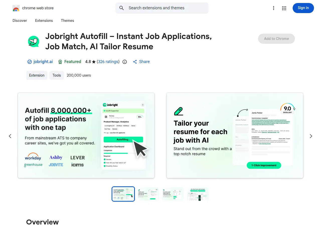Chrome Web Store listing for Jobright Autofill by jobright.ai with a Featured badge, 4.8 stars from 326 ratings, and 200,000 users
