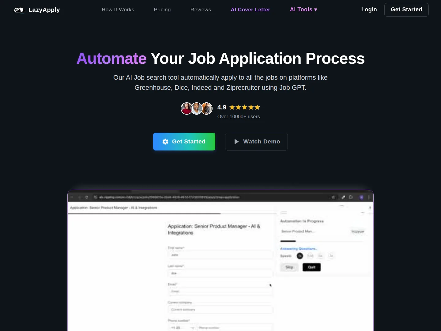LazyApply homepage headline Automate Your Job Application Process with a self-displayed 4.9 star rating, Over 10000+ users, and a demo of a form being auto-filled