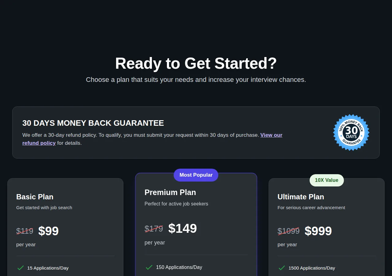 LazyApply pricing section showing Basic $99, Premium $149, and Ultimate $999 plans all labeled per year, under a 30 days money back guarantee banner