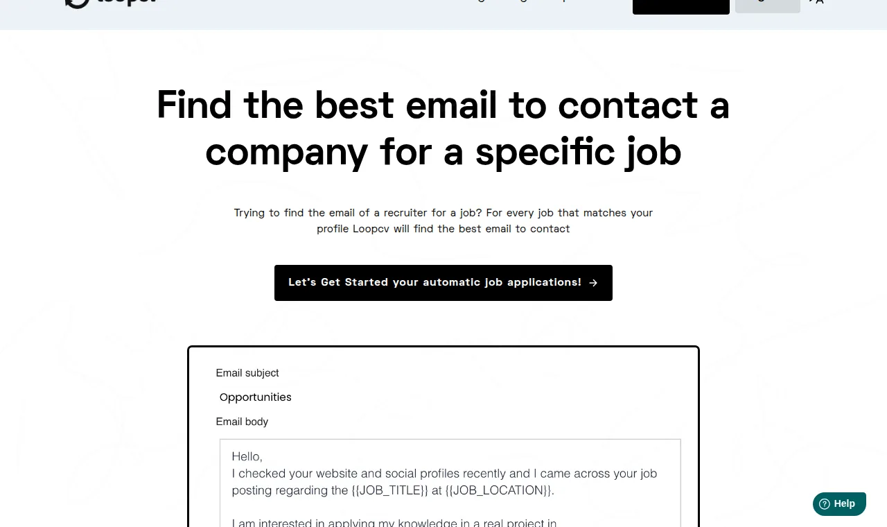 LoopCV Email Finder page headlined 'Find the best email to contact a company for a specific job' above a templated outreach email with JOB_TITLE variables