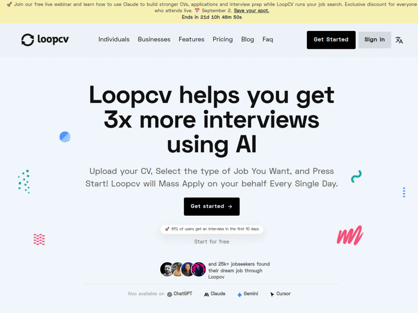 LoopCV homepage headline reading 'Loopcv helps you get 3x more interviews using AI' with a mass-apply subheading