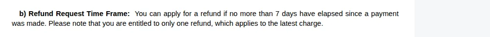 LoopCV refund policy clause allowing a refund request only if no more than 7 days have elapsed since payment, limited to one refund on the latest charge