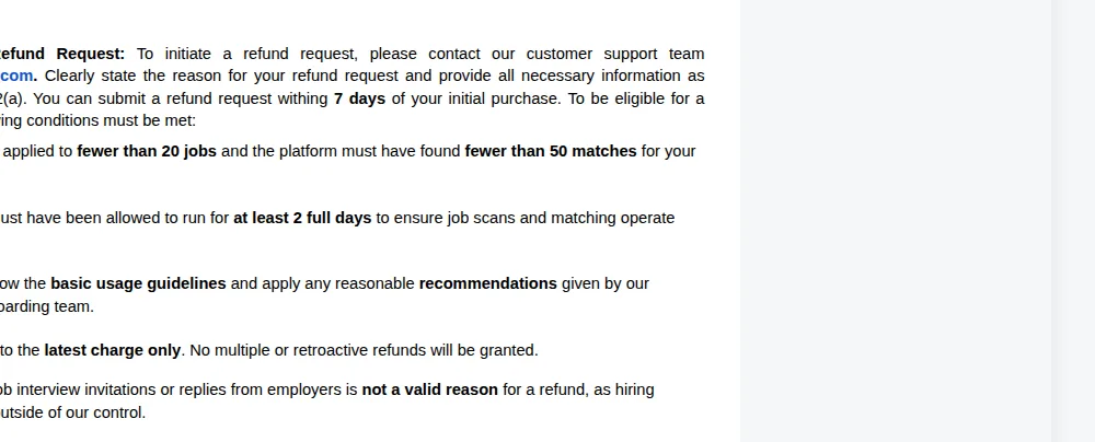 LoopCV refund conditions requiring fewer than 20 applications and fewer than 50 matches, at least 2 full days of running, and stating no interviews is not a valid reason