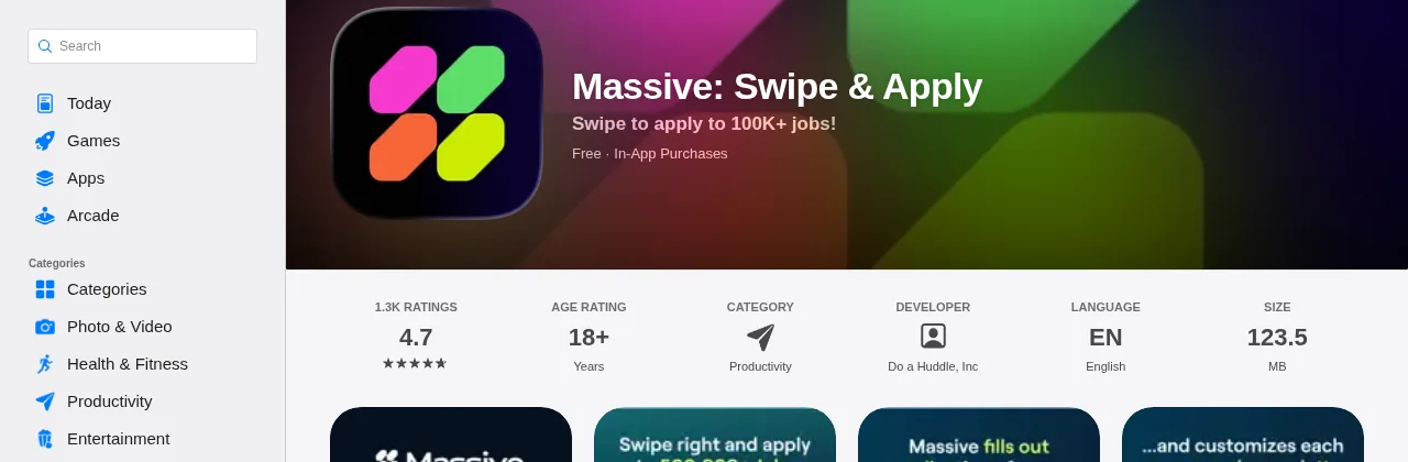 Apple App Store header for Massive: Swipe & Apply showing a 4.7 rating from 1.3K ratings, developer Do a Huddle, Inc, and 'Free · In-App Purchases'