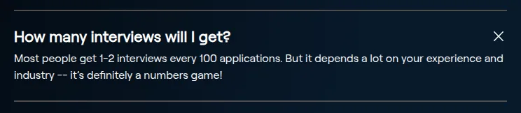 Expanded Massive FAQ answer stating 'Most people get 1-2 interviews every 100 applications' and calling it a numbers game