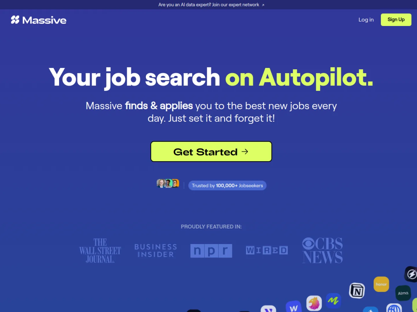 Massive homepage headline reading 'Your job search on Autopilot' above a Get Started button and a 'Trusted by 100,000+ Jobseekers' badge