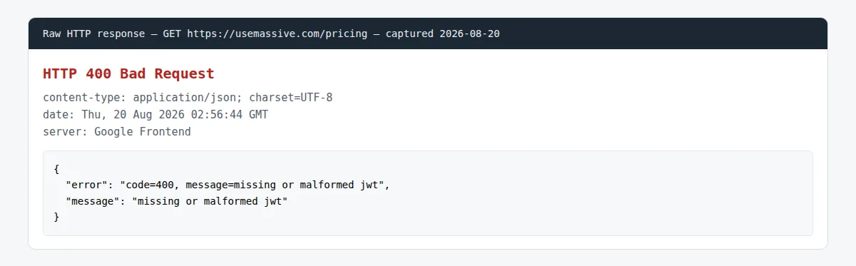 Raw HTTP response for usemassive.com/pricing showing status 400 Bad Request and a JSON body reading 'missing or malformed jwt'