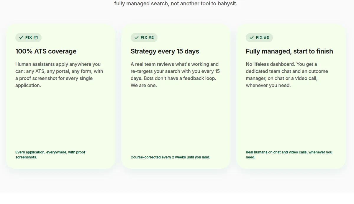 Scale.jobs feature cards headed 100% ATS coverage, Strategy every 15 days, and Fully managed start to finish, with the first card promising a proof screenshot for every single application