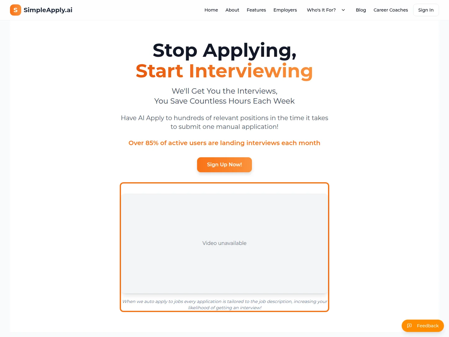SimpleApply.ai homepage headline Stop Applying, Start Interviewing, claiming over 85% of active users are landing interviews each month, with a Sign Up Now button