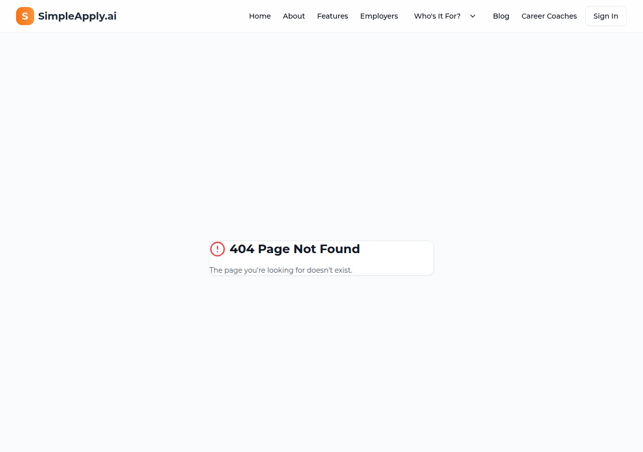 simpleapply.ai/pricing rendering a 404 Page Not Found error card inside the SimpleApply.ai site chrome