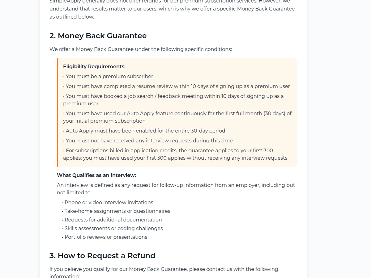SimpleApply refund policy section 2 Money Back Guarantee listing eligibility requirements including 30 days of continuous Auto Apply use or 300 applies without receiving any interview requests