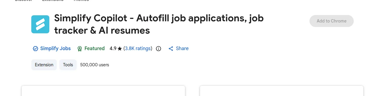 Chrome Web Store header for Simplify Copilot showing a 4.9 rating from 3.8K ratings and 500,000 users
