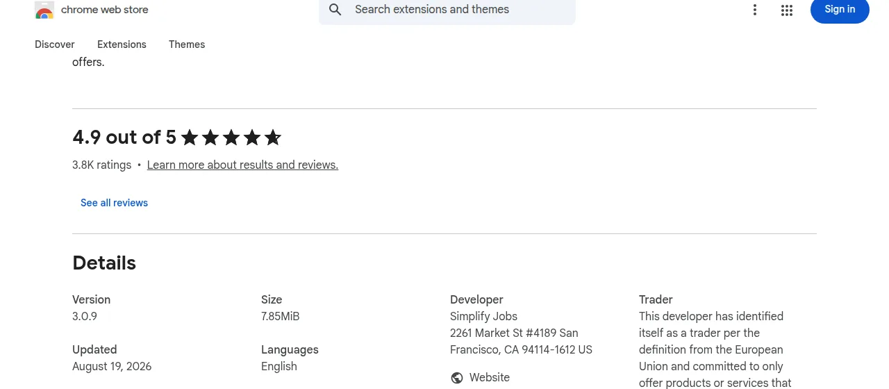 Simplify Copilot Chrome Web Store Details section showing version 3.0.9 updated August 19, 2026, developer Simplify Jobs with a San Francisco address and EU trader status