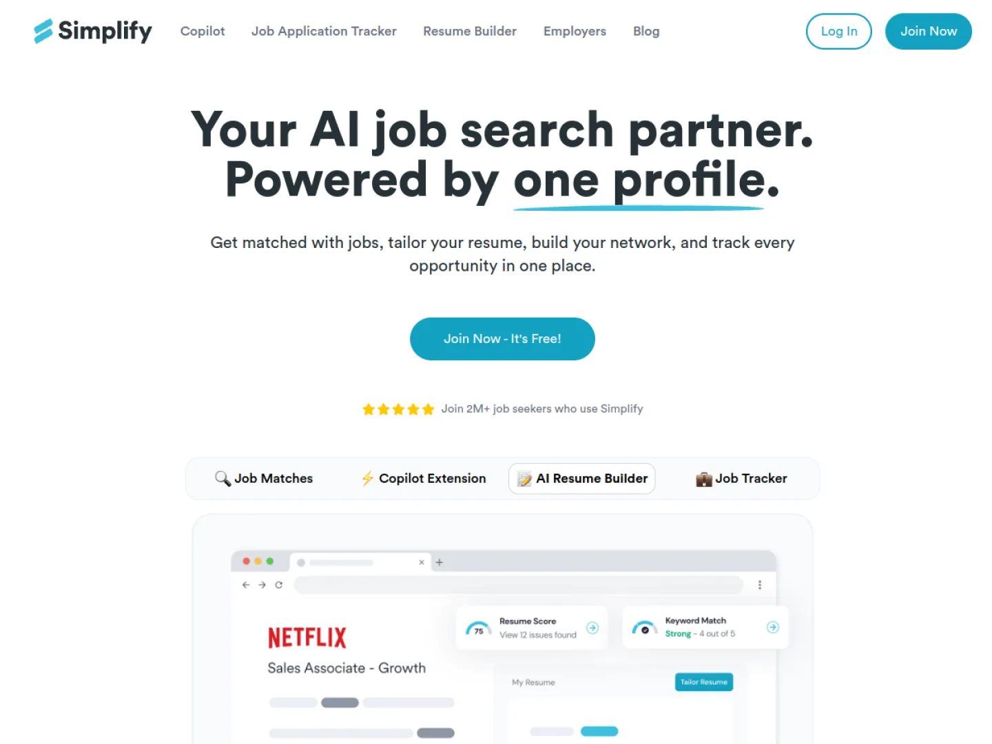Simplify homepage with the headline 'Your AI job search partner. Powered by one profile.' and a free signup call to action