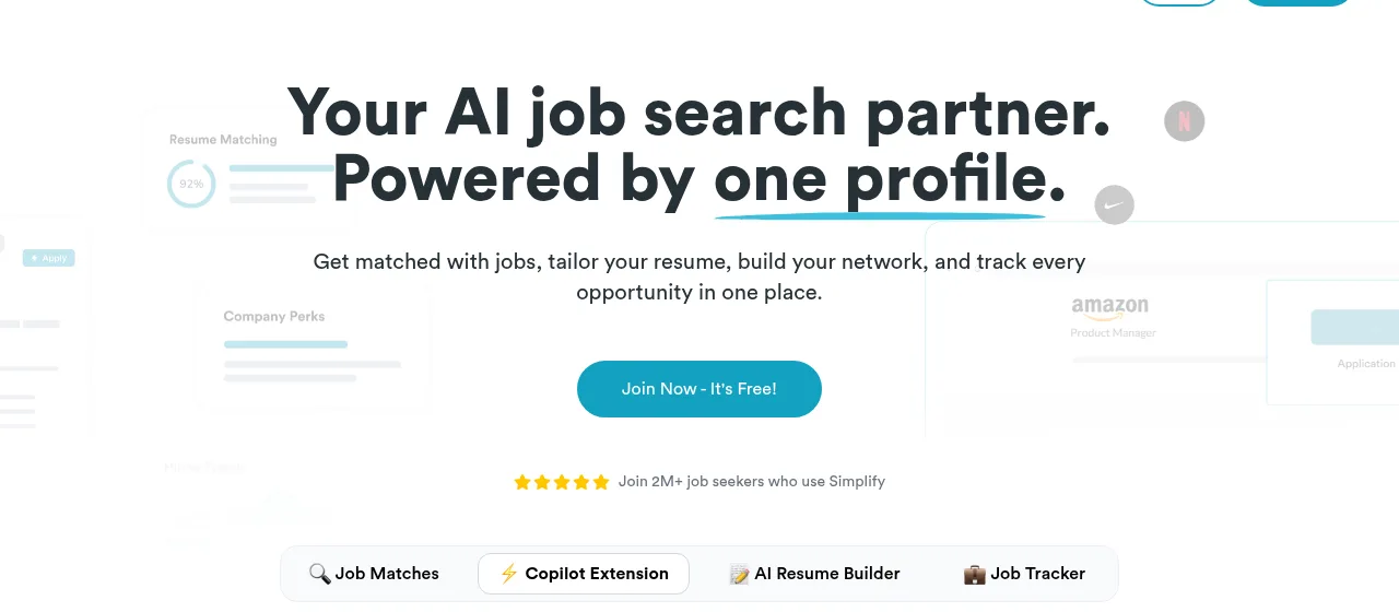 Simplify homepage hero reading 'Your AI job search partner. Powered by one profile.' with a 'Join Now - It's Free!' button and 'Join 2M+ job seekers who use Simplify'