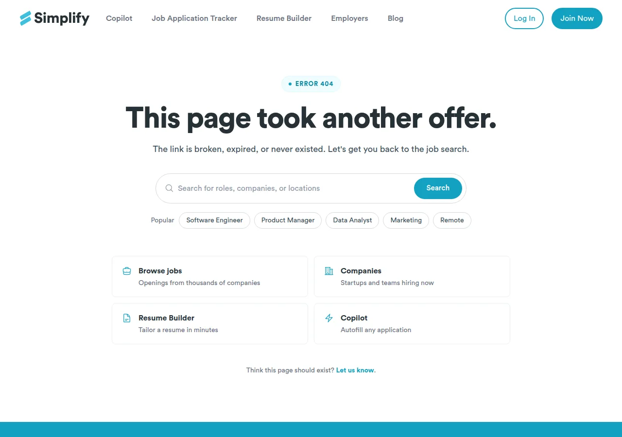 Simplify's 404 page reading 'ERROR 404 — This page took another offer' at the /pricing URL